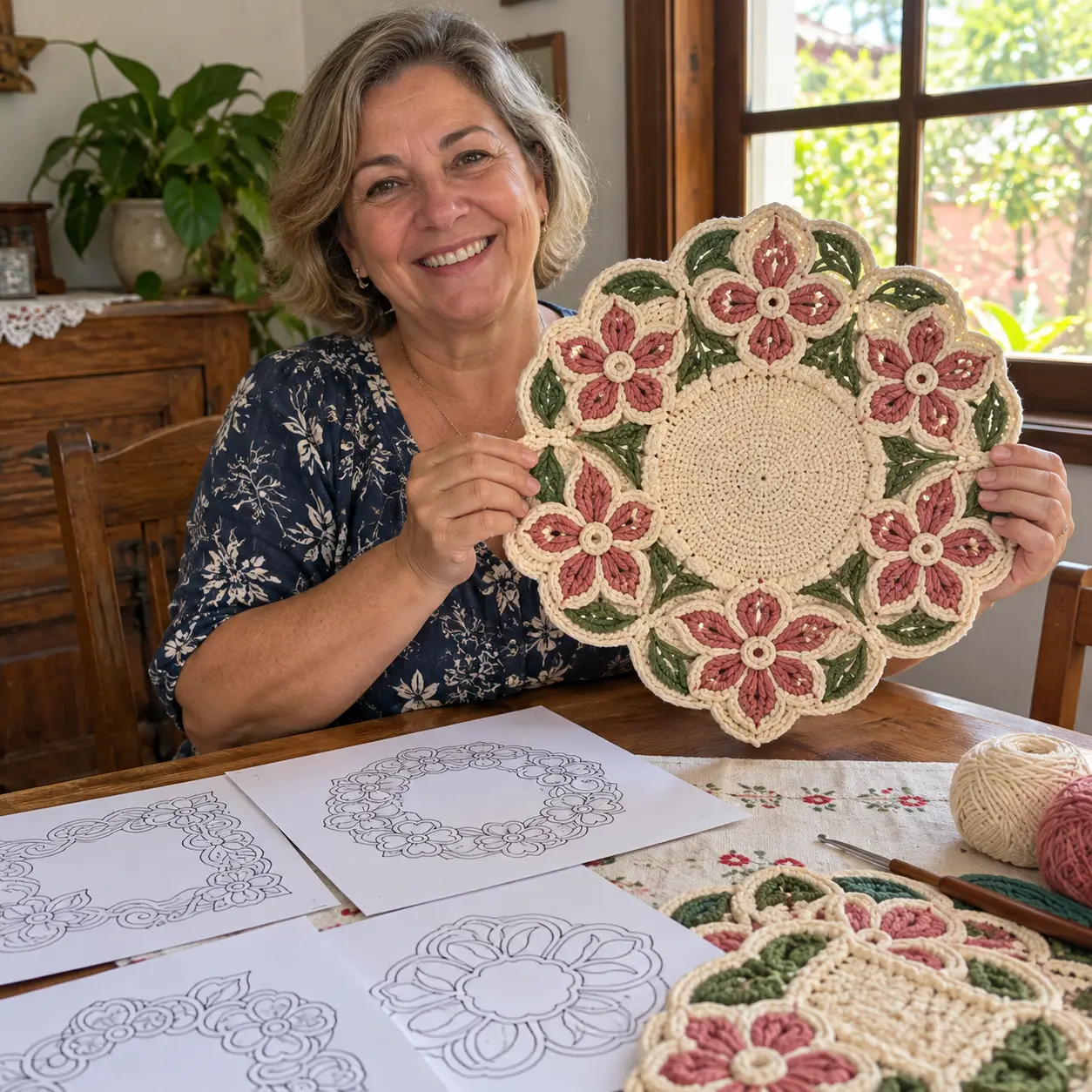 Artesã exibindo uma peça floral pronta