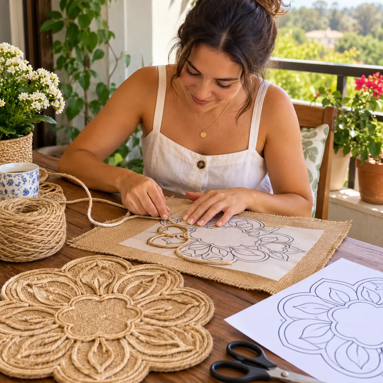 Criação de sousplat artesanal sobre juta