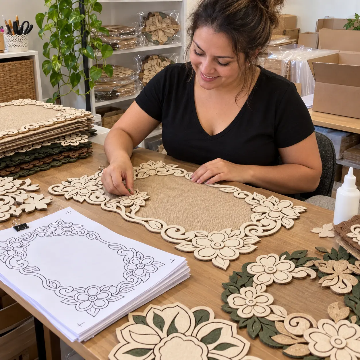 Produção artesanal de jogo americano floral
