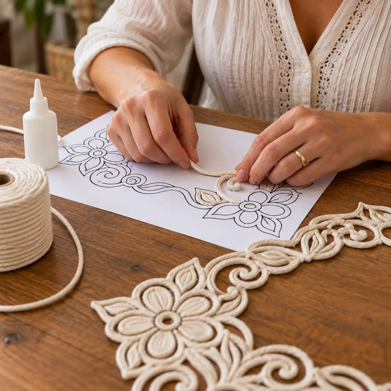 Detalhes de flores e arabescos feitos com cordão