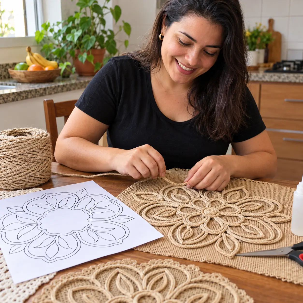 Artesã aplicando cordão sobre o molde floral